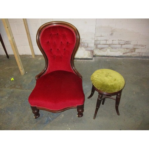 341 - A 19th century show wood spoon back chair with later upholstery and an early 19th century piano stoo... 