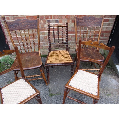 344 - 5 Antique country house chairs, two pairs and one bobbin turned example, one parlour chair having re... 