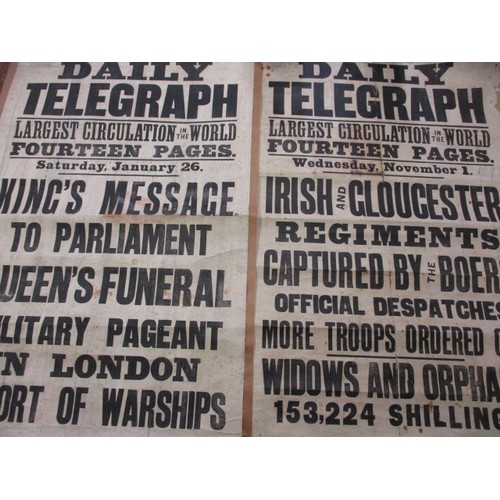 350 - Two original Daily Telegraph newspaper stand headline posters dated 1899 and1901, having been fixed ... 