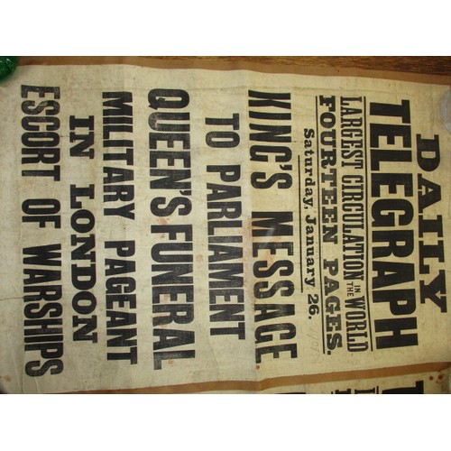 350 - Two original Daily Telegraph newspaper stand headline posters dated 1899 and1901, having been fixed ... 