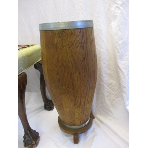 203 - An oak coopered stick stand and an upholstered piano stool, approx. height of stick stand 59cm, in g... 