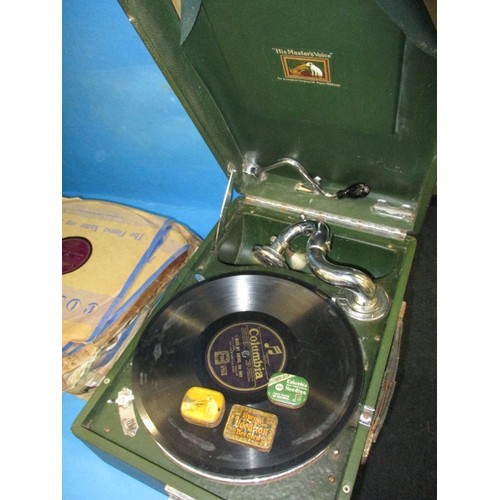 208 - Two vintage wind-up table top gramophones and a quantity of shellac records, neither tested to check... 