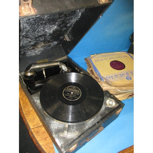 208 - Two vintage wind-up table top gramophones and a quantity of shellac records, neither tested to check... 