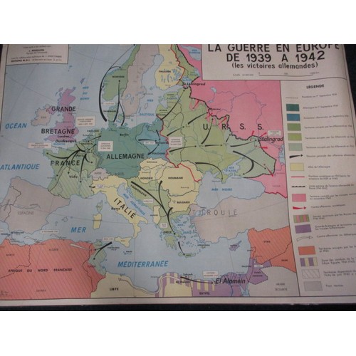 239 - Two vintage double sided French educational maps showing offences and strategies during WWII, approx... 