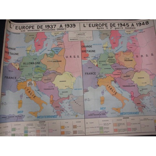 239 - Two vintage double sided French educational maps showing offences and strategies during WWII, approx... 