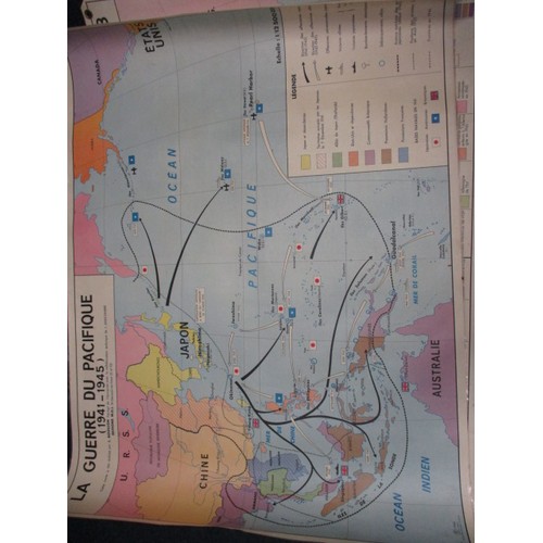 239 - Two vintage double sided French educational maps showing offences and strategies during WWII, approx... 