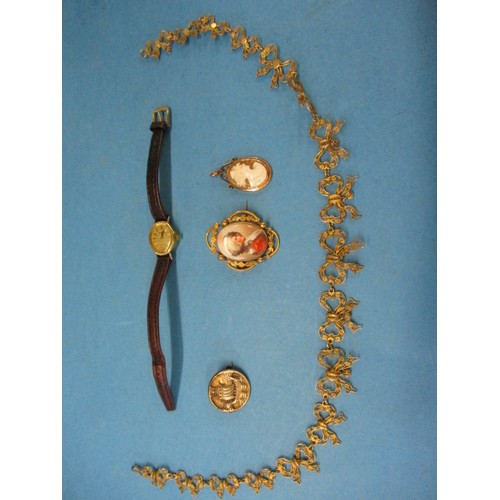 51 - A 9ct gold mounted cameo brooch and a yellow metal example with painted plaque and a silver gilt nec... 