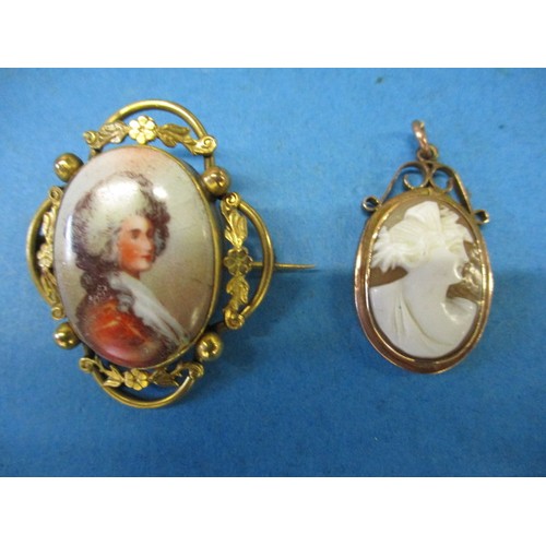 51 - A 9ct gold mounted cameo brooch and a yellow metal example with painted plaque and a silver gilt nec... 