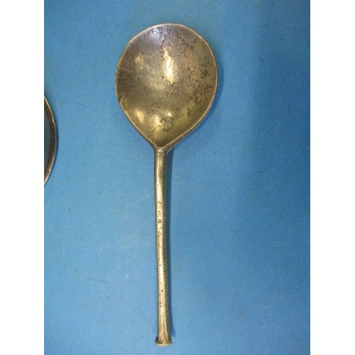 132 - A 19th century pewter ice cream mould, a cream jug and earlier spoon, mould comes in 3 pieces all in... 