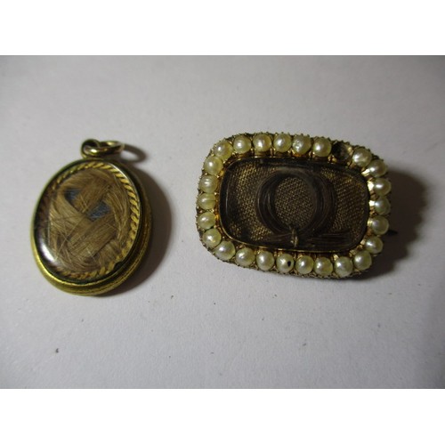 59 - Two Victorian yellow metal mourning mementos, one an enamelled pendant the other a brooch, both with... 