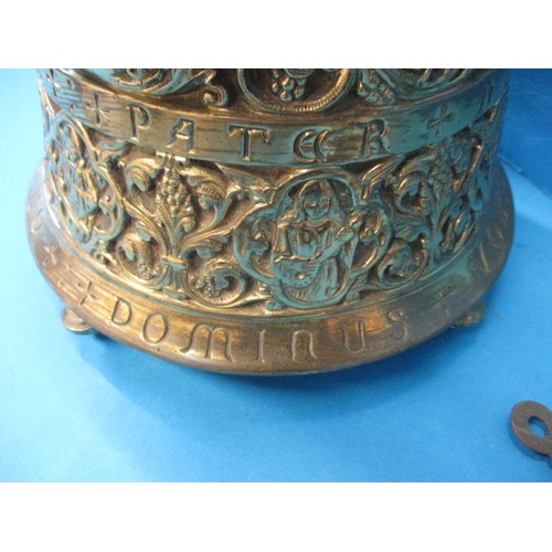 185 - A continental brass bell shaped mantle clock, an unusual piece with lattin inscriptions, runs when w... 