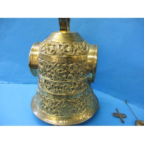 185 - A continental brass bell shaped mantle clock, an unusual piece with lattin inscriptions, runs when w... 