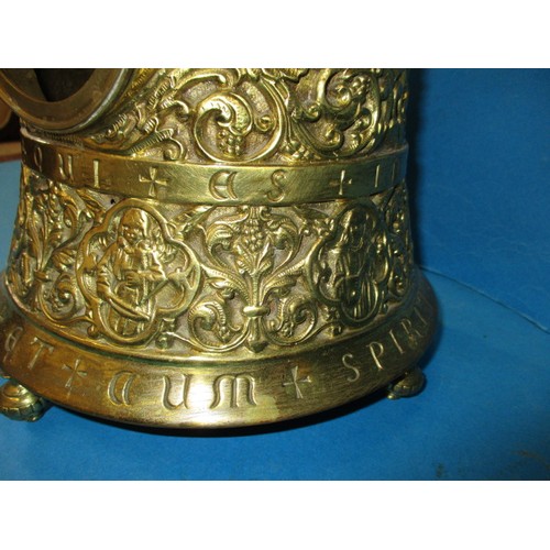 185 - A continental brass bell shaped mantle clock, an unusual piece with lattin inscriptions, runs when w... 