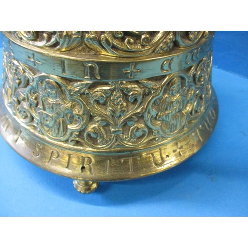 185 - A continental brass bell shaped mantle clock, an unusual piece with lattin inscriptions, runs when w... 