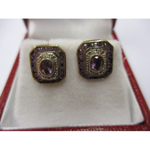 39 - A pair of 9ct gold diamond and amethyst stud earrings in the Victorian style, in good pre-owned cond... 