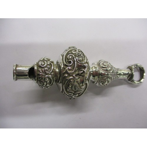 An Edwardian sterling silver baby rattle with whistle, missing bells and some denting, approx. weight 37g