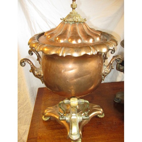 230 - 2 antique copper samovars, both with minor damage and tarnish, one missing side handles, approx. hei... 