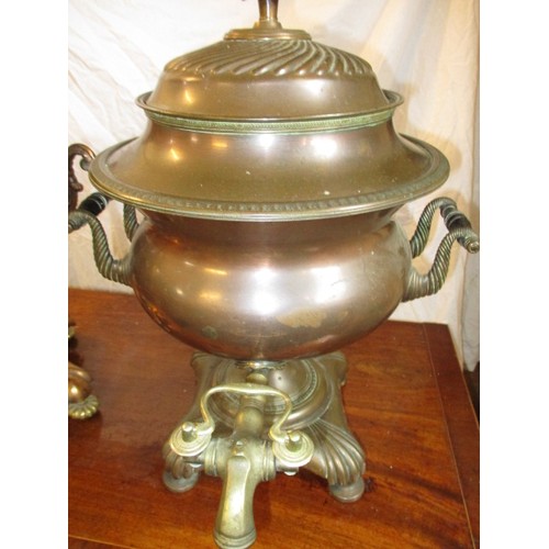 230 - 2 antique copper samovars, both with minor damage and tarnish, one missing side handles, approx. hei... 