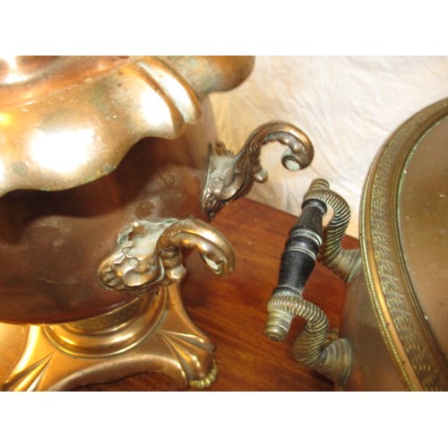 230 - 2 antique copper samovars, both with minor damage and tarnish, one missing side handles, approx. hei... 