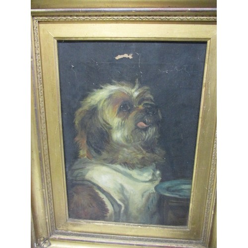 241 - A late 19th early 20th century oil on canvas of a dog in bib with food bowl, some loss of paint and ... 