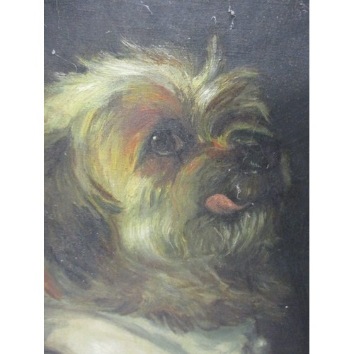 241 - A late 19th early 20th century oil on canvas of a dog in bib with food bowl, some loss of paint and ... 