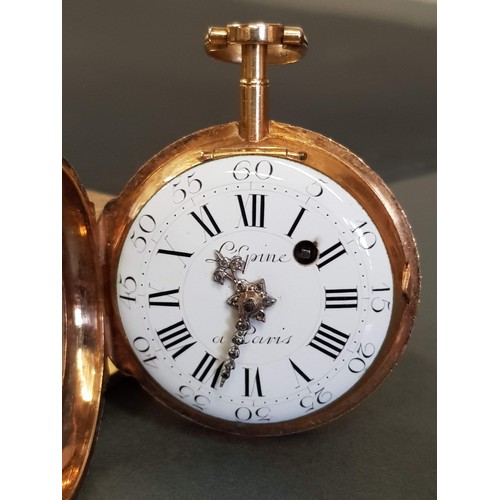 71 - A French Louis XV gold open face pocket watch, the enamel dial marked L’epine,  a Paris, with hand p... 