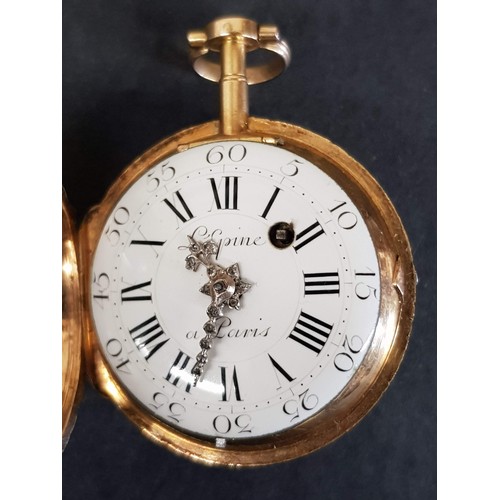 71 - A French Louis XV gold open face pocket watch, the enamel dial marked L’epine,  a Paris, with hand p... 