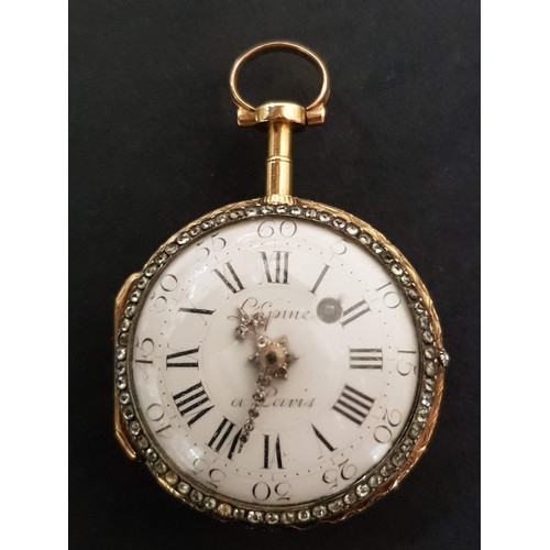 71 - A French Louis XV gold open face pocket watch, the enamel dial marked L’epine,  a Paris, with hand p... 