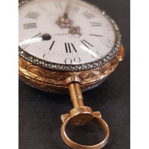 71 - A French Louis XV gold open face pocket watch, the enamel dial marked L’epine,  a Paris, with hand p... 