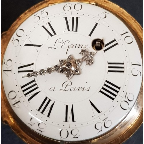 71 - A French Louis XV gold open face pocket watch, the enamel dial marked L’epine,  a Paris, with hand p... 