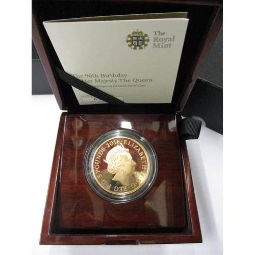 91 - A 2016 Royal Mint gold £5 proof coin, in original wood presentation box and outer sleeve