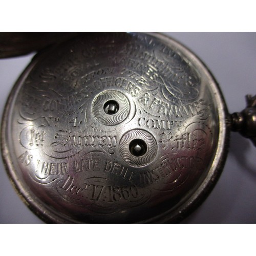 73 - A mid-19th century silver cased full hunter pocket watch, having a dedication to inside “ A testimon... 