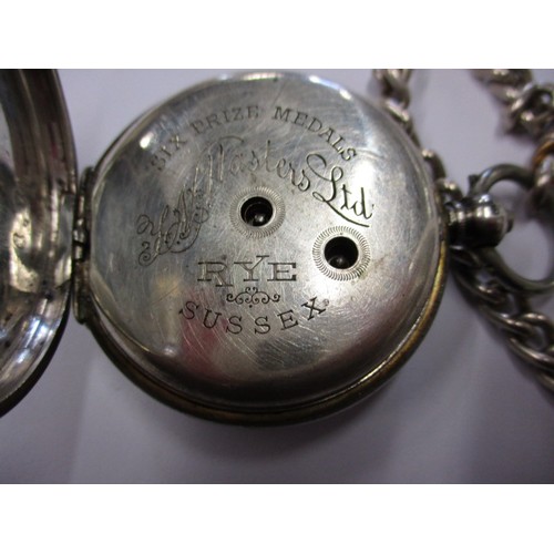 74 - A 935 silver cased pocket watch with white metal Albert chain, with key and in current working order