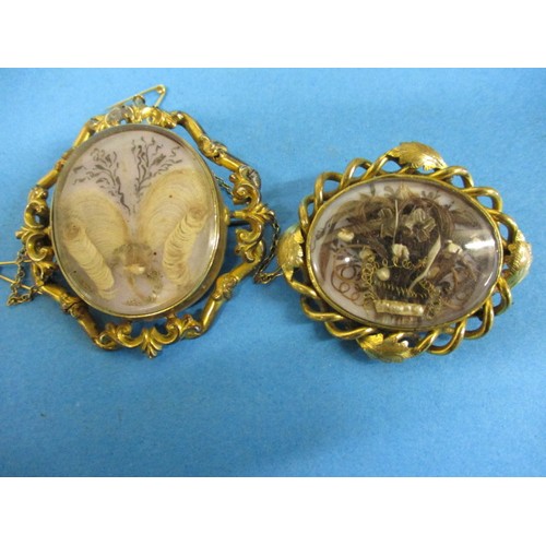 60 - 2 Victorian yellow metal mourning brooches. Approximate size of largest 6cm wide. In good antique co... 