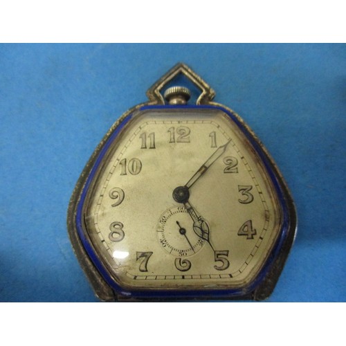 68 - A 1930’s art deco watch with silver and blue enamel body, of pendant form converting to stand. Initi... 