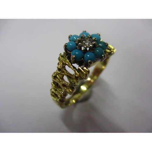 5 - An 18ct yellow gold turquoise and diamond daisy ring. Approximate weight 4.8g. Approximate ring size... 