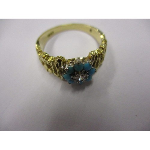 5 - An 18ct yellow gold turquoise and diamond daisy ring. Approximate weight 4.8g. Approximate ring size... 