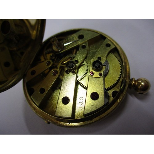 65 - A continental 18ct gold cased fob watch. No key, but believed to be in good working order, with age ... 