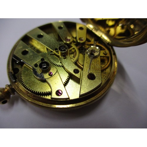 65 - A continental 18ct gold cased fob watch. No key, but believed to be in good working order, with age ... 