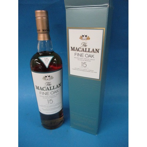 290 - A bottle of ‘The Macallan’ Fine oak 15 year single malt whisky, in original presentation box, in uno... 