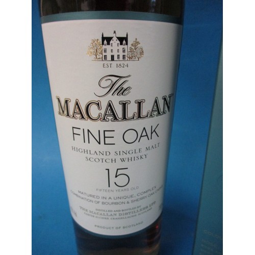 290 - A bottle of ‘The Macallan’ Fine oak 15 year single malt whisky, in original presentation box, in uno... 