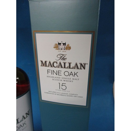 290 - A bottle of ‘The Macallan’ Fine oak 15 year single malt whisky, in original presentation box, in uno... 