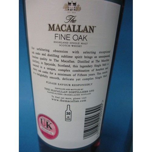 290 - A bottle of ‘The Macallan’ Fine oak 15 year single malt whisky, in original presentation box, in uno... 