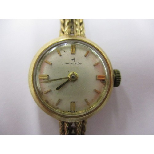 66 - A vintage 9ct gold ladies cocktail watch by Hamilton, having gold mesh strap, approx. weight 13.4g n... 