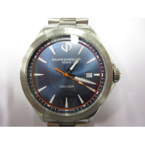 80 - A gents Baume & Mercier Clifton Club watch, with stainless steel strap, blue dial, original box and ... 