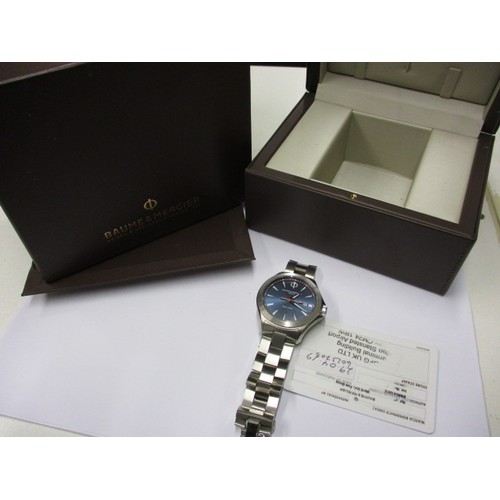 80 - A gents Baume & Mercier Clifton Club watch, with stainless steel strap, blue dial, original box and ... 