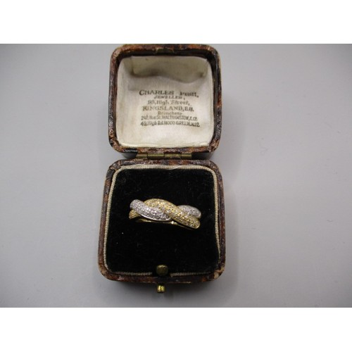 23 - A 585 yellow gold and diamond cross over ring, approx. ring size ‘N ½ ‘ approx. weight 3.8g