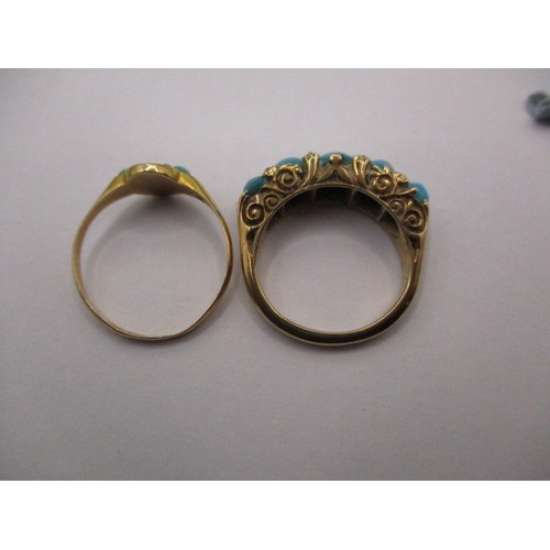 46 - Two antique 15ct gold rings, each with cabochon turquoise, approx. ring sizes ‘N & O’ approx. combin... 