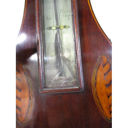 304 - An Edwardian banjo barometer with inlaid case, in need of restoration. Also in lot, a modern baromet... 