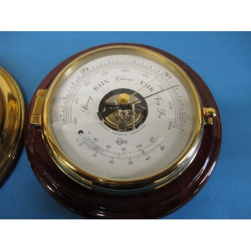 304 - An Edwardian banjo barometer with inlaid case, in need of restoration. Also in lot, a modern baromet... 